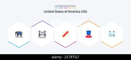 USA 25 Flat Symbolpaket mit Datum. Kalender. amerikaner. usa. hut Stock Vektor