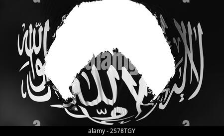 Großes Loch in der schwarzen Jihad-Flagge, weißer Hintergrund, 3D-Rendering Stockfoto