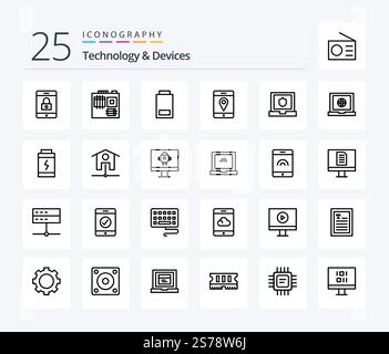 Devices 25 Line Symbolpaket einschließlich Laptop. Schild. Niedrig. Sicherheit. Mobil Stock Vektor