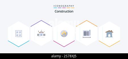 25 Flat Icon Pack für den Bau, einschließlich Heim. Gebäude. Nein Karte. Zeichnungserstellung Stock Vektor