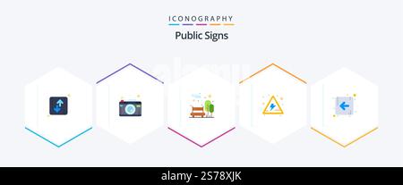 Öffentliche Hinweisschilder 25 flache Symbolpakete mit Wegbeschreibung. Zeichen. Fotografie. Gefahr. Öffentlich Stock Vektor