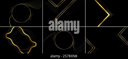 Abstrakter schwarzer Hintergrund des gewebten Bandmusters mit quadratischer Form goldene glühende Glitzer-Vektor-Illustration; geometrischer Hintergrund mit schwarzen Papierkreuzstreifen geeignet für minimalistische Dekoration Stock Vektor