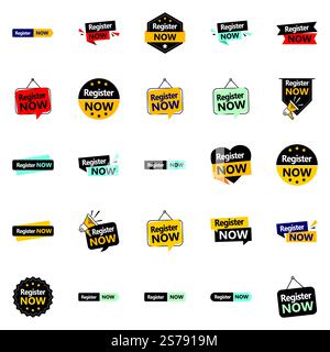 Registrieren Sie sich jetzt für 25 hochwertige typografische Elemente, um Anmeldungen zu fördern Stock Vektor
