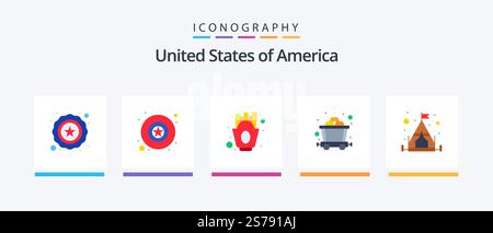 Usa Flat 5 Icon Pack Mit . Ein Zelt. Pommes Frites. Camping. Schiene. Kreatives Symboldesign Stock Vektor