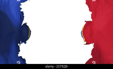 In die Luft gesprengt Bukarest, Hauptstadt der rumänischen Flagge, vor weißem Hintergrund, 3D-Darstellung Stockfoto