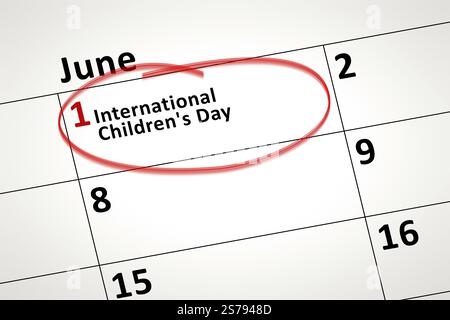 Ein Bild von einem Kalender Detail zeigt Juni Die 1. internationalen Tag der Kinder Stockfoto