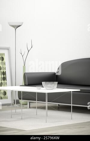 3D-Rendering-Bild eines schwarzen Sofas in einem weißen Raum mit Platz für Ihre Inhalte Stockfoto