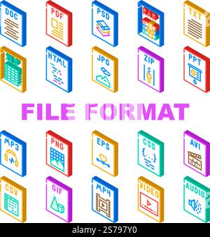 Dateiformat Dokumentsymbole legen den Vektor fest. Präsentations-Web, PDF-Etikett, PNG-Video, Typ jpg, Computerdokumentation, Illustrationen für isometrische Zeichen im html-Dateiformat. Dateiformat Dokumentsymbole legen den Vektor fest Stock Vektor