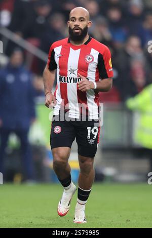 London, Großbritannien. Januar 2025. Bryan Mbeumo aus Brentford während des Premier League-Spiels Brentford gegen Liverpool im Gtech Community Stadium, London, Vereinigtes Königreich, 18. Januar 2025 (Foto: Alfie Cosgrove/News Images) in London, Vereinigtes Königreich am 19. Januar 2025. (Foto: Alfie Cosgrove/News Images/SIPA USA) Credit: SIPA USA/Alamy Live News Stockfoto