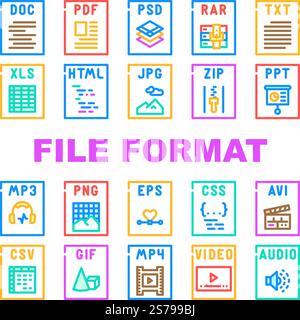 Dateiformat Dokumentsymbole legen den Vektor fest. Präsentations-Web, PDF-Etikett, PNG-Video, Typ jpg, Computerdokumentation, html-Dateiformat, Abbildungen der Farblinie des Dokuments. Dateiformat Dokumentsymbole legen den Vektor fest Stock Vektor