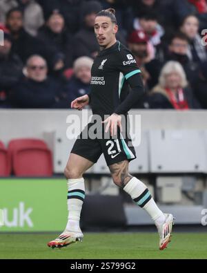 London, Großbritannien. Januar 2025. Kostas Tsimikas aus Liverpool während des Premier League-Spiels Brentford gegen Liverpool im Gtech Community Stadium, London, Vereinigtes Königreich, 18. Januar 2025 (Foto: Alfie Cosgrove/News Images) in London, Vereinigtes Königreich am 19. Januar 2025. (Foto: Alfie Cosgrove/News Images/SIPA USA) Credit: SIPA USA/Alamy Live News Stockfoto