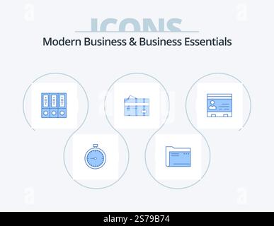 Modernes Business Und Business Essentials Blue Icon Pack 5 Icon Design. Datenbank. Archivieren. Archivieren. Dateien. Datei Stock Vektor