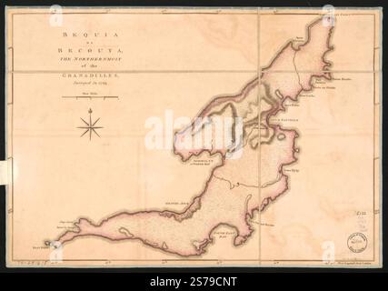 Bequia oder Becouya, der nördlichste der Granadilles, wurde 1763 vermessen. 1763 von [Jefferys Thomas] Stockfoto
