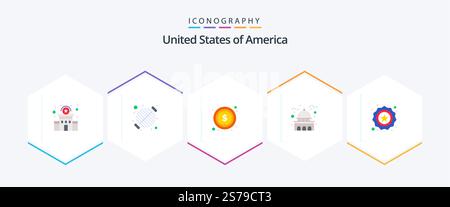 USA 25 Flat Icon Pack mit Weiß. Orientierungspunkt. Party. Haus. unterschreiben Sie Stock Vektor