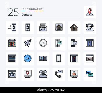 Kontakt 25 Zeile gefüllt Symbolpaket einschließlich Kommunikation. Jederzeit. Umschlag. Nach Hause. Konversation Stock Vektor