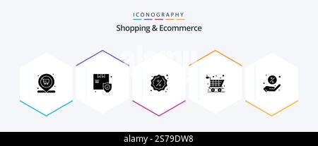Shopping und E-Commerce 25 Glyph Icon Pack einschließlich Shopping. Rabatt. Dienstmarke. Einkaufen. Gerätewagen Stock Vektor