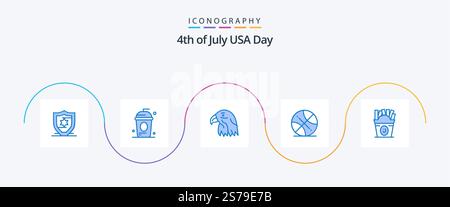 USA Blue 5 Icon Pack inklusive Fastfood. usa. Ein Tier. Sport. Backetball Stock Vektor