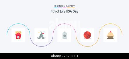 USA Flat 5 Icon Pack inklusive Dessert. usa. Flasche. Sport. Backetball Stock Vektor