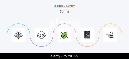 Spring Line Filled Flat 5 Icon Pack inklusive Wetter. Frühling. Ökologie. Text. Buch Stock Vektor