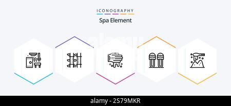 Spa Element 25 Line Symbolpaket mit Schaufel. Hausschuhe. Spa. Schuhe. Kleidung Stock Vektor