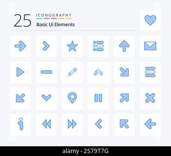Grundlegende UI-Elemente 25 Blaues Symbolpaket einschließlich up. Pfeil. lesezeichen. Schreiben Sie. Aufgabe Stock Vektor