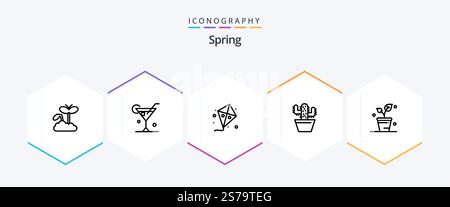 Spring 25 Line Symbolpaket mit Ökologie. Frühling. Fliegen. Topf. Kakteen Stock Vektor