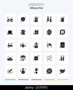 Creative Military war 25 Glyph Solid Black Icon Pack wie Badge. Krieg. Kommunikation. Rakete. Missles Stock Vektor