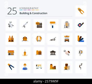 Building and Construction 25 flache Symbolpakete mit Rolle. Bürste. Utensilien. Haus. Verkauf Stock Vektor