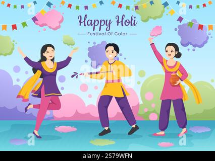 Happy Holi Festival Illustration mit farbenfrohem Töpfchen und Pulver in Hindi für Webbanner oder Landing Page in flachen, handgezeichneten Cartoon-Vorlagen Stock Vektor