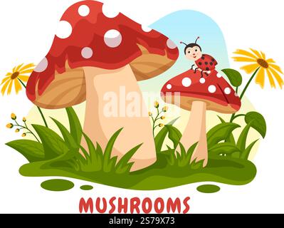 Pilze Illustration mit verschiedenen Pilzen, Gras und Insekten für Webbanner oder Landing-Page in flachen, handgezeichneten Cartoon-Vorlagen Stock Vektor