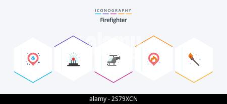 Firefighter 25 Flat Icon-Paket inklusive Streichholz. Camping. Notfall. Karte. Feuer Stock Vektor