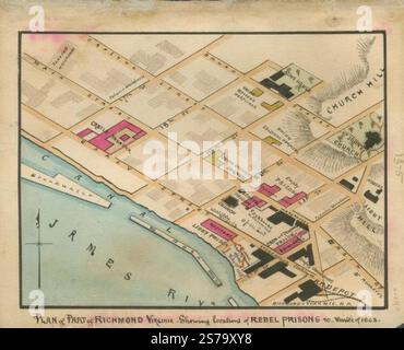 Plan eines Teils von Richmond, Virginia: Zeigt Orte der Rebellengefängnisse [im] Winter 1863. 1863 von Sneden Robert Knox Stockfoto