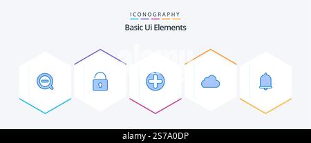 Grundlegende UI-Elemente 25 Blaues Symbolpaket einschließlich Benachrichtigung. Achtung. unterschreiben Sie. bewölkt. Daten Stock Vektor