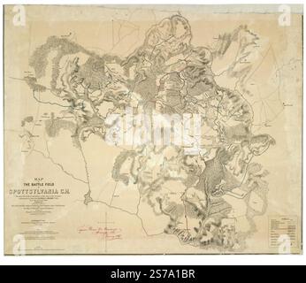Karte des Schlachtfeldes von Spottsylvania C.H. : zeigt das Einsatzgebiet der Armee der Potomac unter dem Kommando von Generalmajor George G. Meade USA, vom 8. Bis 21. Mai 1865 [d. h. 1864] 1864 von Howell C. W., Bien Julius, Duane James C., Meade George Gordon, Vereinigte Staaten. Die Armee der Potomac. Stockfoto