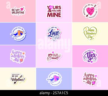Herzerwärmende Aufkleber für den Valentinstag mit Typografie und Grafiken Stock Vektor