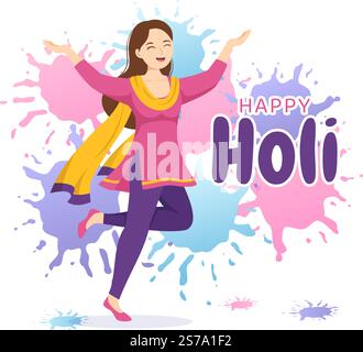 Happy Holi Festival Illustration mit farbenfrohem Töpfchen und Pulver in Hindi für Webbanner oder Landing Page in flachen, handgezeichneten Cartoon-Vorlagen Stock Vektor
