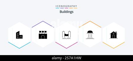 Gebäude 25 Glyphe Icon Pack einschließlich Gebäude. Architektur. Sport. Fluss. Hafen Stock Vektor