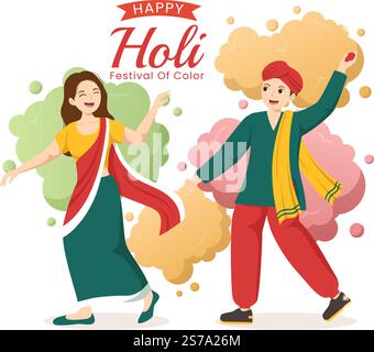 Happy Holi Festival Illustration mit farbenfrohem Töpfchen und Pulver in Hindi für Webbanner oder Landing Page in flachen, handgezeichneten Cartoon-Vorlagen Stock Vektor