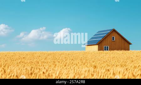 Solargetäfeltes Farmhaus inmitten eines weitläufigen goldenen Weizenfeldes, das die Vorteile erneuerbarer Energien und umweltfreundlicher Landwirtschaft auf einem klaren, sonnigen Raum zeigt Stockfoto