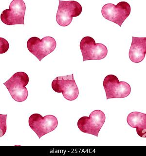 Nahtloses Muster mit voluminösen rosafarbenen Herzen. Aquarellillustration auf isoliertem Hintergrund für Valentinstag oder Internationalen Frauentag. Hand-dr Stockfoto