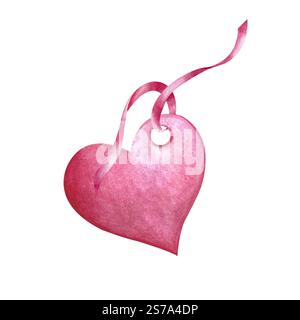 Papieranhänger in Herzform mit rosa Bändern. Aquarellabbildung auf isoliertem Hintergrund. Schablonen werden für Geschenkboxen und Blumenbouqu verwendet Stockfoto
