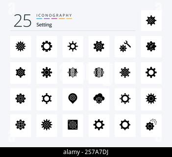 Set 25 Solid Glyph Symbolpaket einschließlich Allgemein. HKU. Schraubenschlüssel. Einstellung. Zeitschaltuhr Stock Vektor