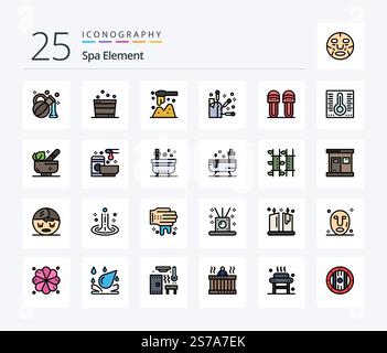 Spa-Element 25 Line Fill Icon Pack inkl. Slipper. Bequem. Schaufel. Kleidung. Spa Stock Vektor