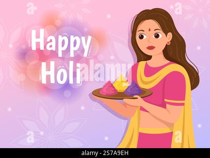 Happy Holi Festival Illustration mit farbenfrohem Töpfchen und Pulver in Hindi für Webbanner oder Landing Page in flachen, handgezeichneten Cartoon-Vorlagen Stock Vektor