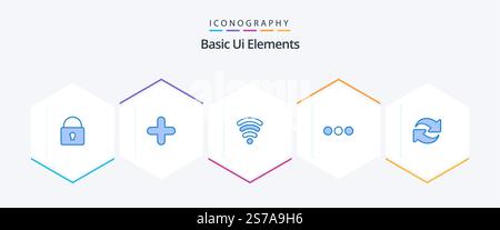 Grundlegende UI-Elemente 25 Blaues Symbolpaket einschließlich Drehen. Aktualisieren. wlan. unterschreiben Sie. Unterhalten Stock Vektor