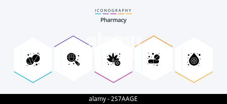 Pharmazie 25 Glyph Symbolpaket mit Hilfe. Tablette. Medizinisch. Pillen. Drogen Stock Vektor