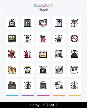 Creative Travel 25 Line – Symbolpaket wie Sommer. Ein Cocktail. Standort. Alkohol. Reisen Stock Vektor