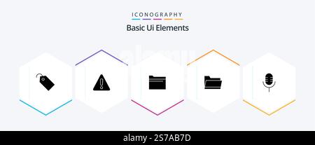 Grundlegende UI-Elemente 25 Glyph-Symbolpaket inklusive Mikrofon. Lagerung. Ordner. Daten. Ordner Stock Vektor
