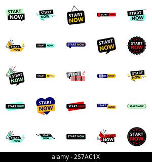 Starte jetzt mit 25 hochwertigen typografischen Elementen, um Action zu fördern Stock Vektor