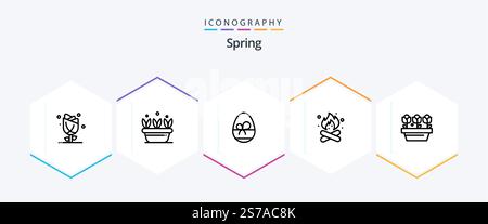 Spring 25 Line Icon Pack inklusive Natur. Feuer! Frühling. Camping. Essen Sie Stock Vektor